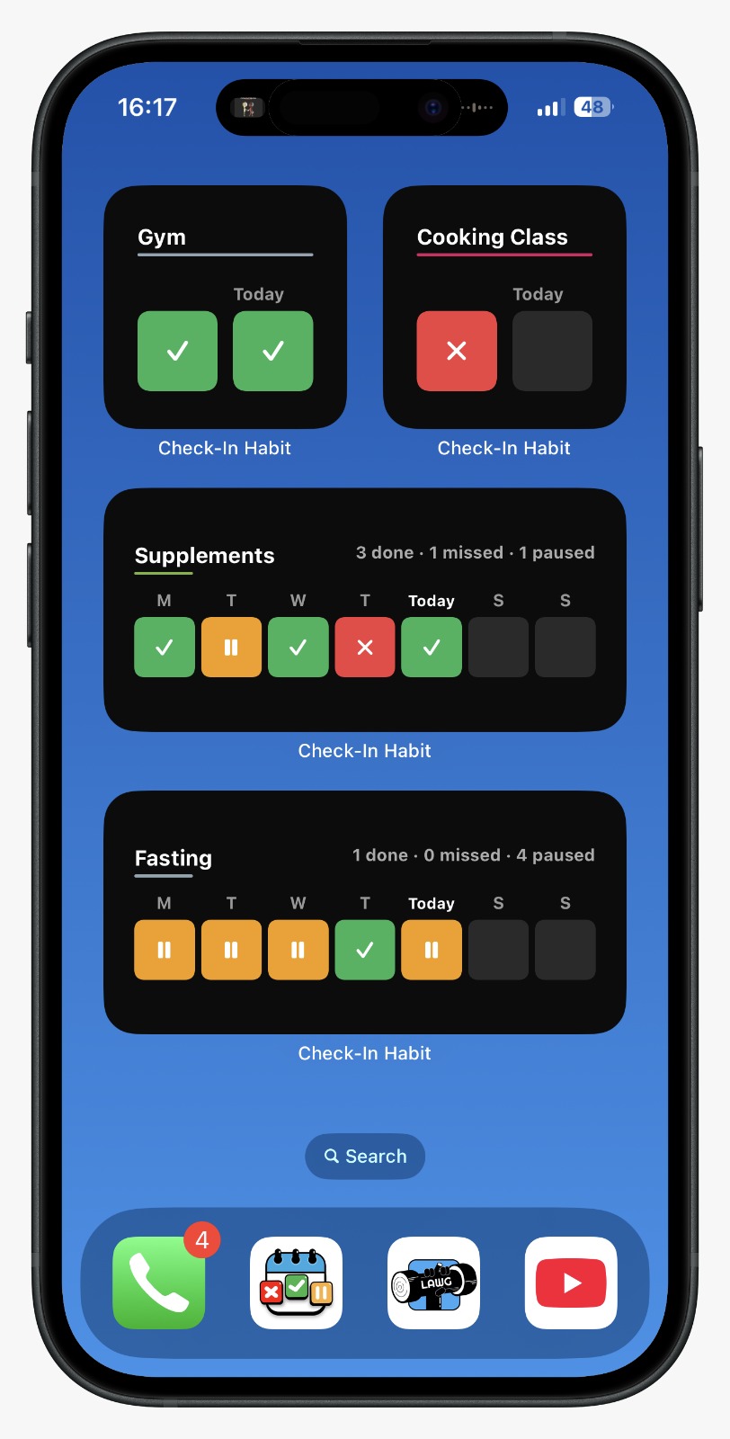 Check In Habit widgets showing Gym, Cooking Class, Supplements, and Fasting check-ins on an iPhone home screen